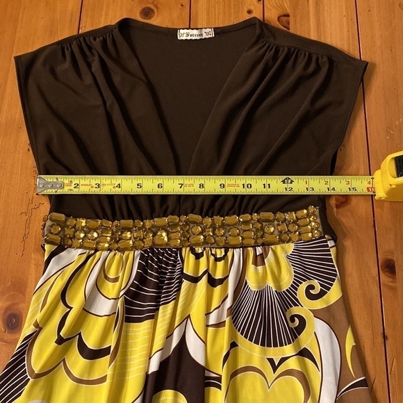 Forever Vintage Y2K Dress Brown and Yellow Print With Gold Gems Size Small - Picture 4 of 7